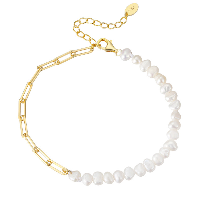14k Gold Silver Pearl Beaded Chain Bracelet