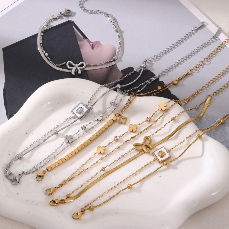 Gold 2 Titanium Steel Double Layer Bow Bracelet