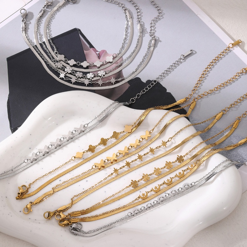 Gold 1 Titanium Steel Double Layer Starburst Snake Bone Chain Bracelet