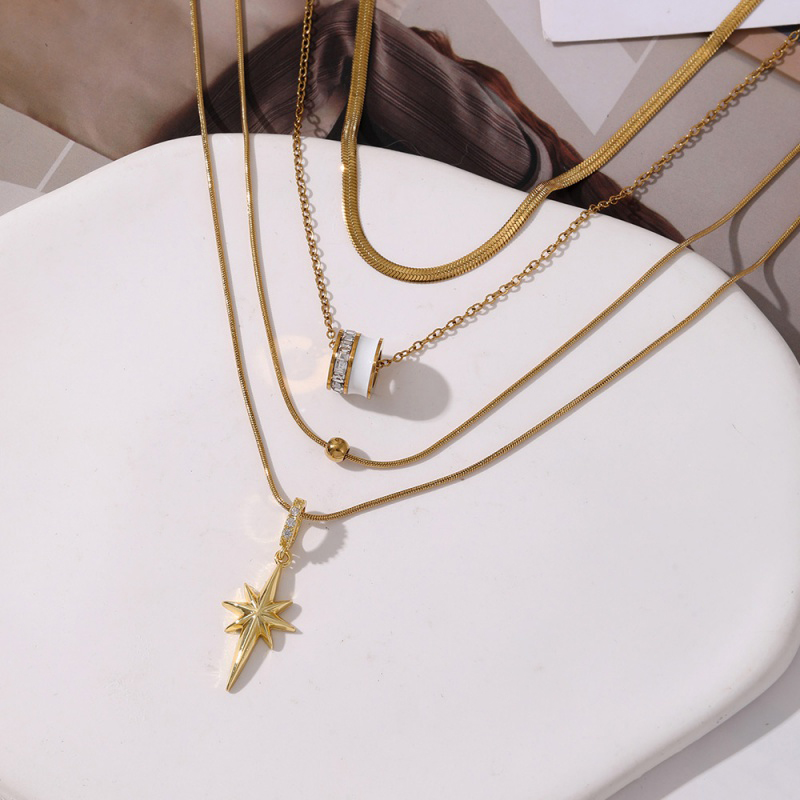 Gold 1 Titanium Steel Inlaid Zirconium Double Layer Star Round Bead Necklace