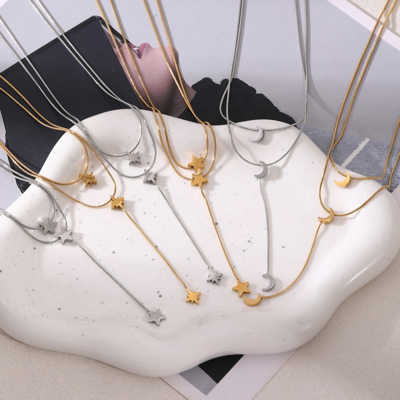 Gold 1 Titanium Steel Double-layer Five-pointed Star Tassel Necklace