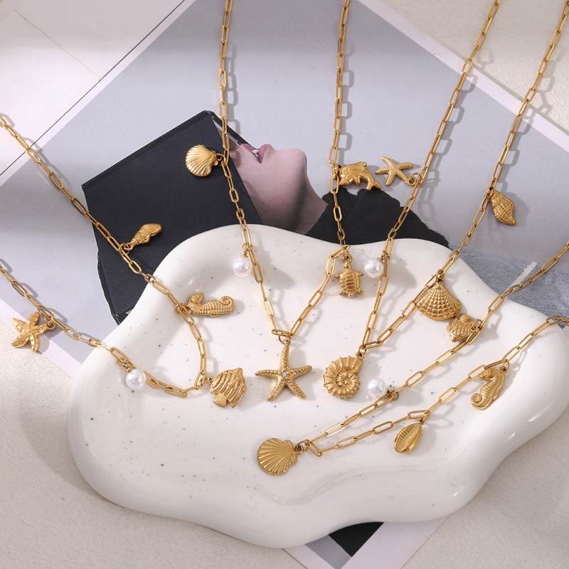 Gold 1 Titanium Steel Pearl Starfish Series Hanging Necklace
