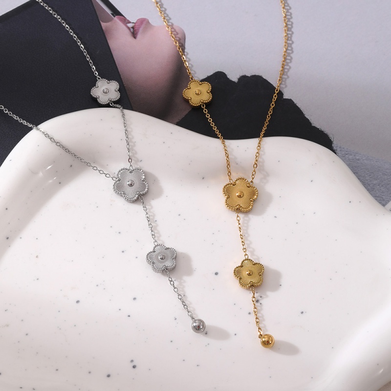 Gold Titanium Steel Flower Y-shaped Tassel Round Bead Necklace