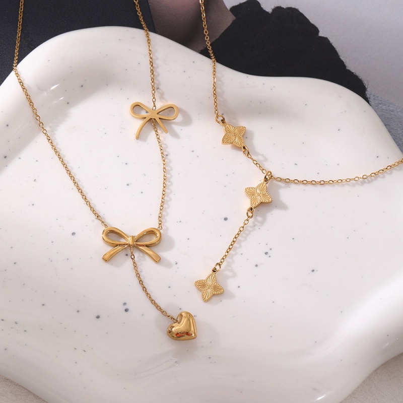 Gold 1 Titanium Steel Bow Heart Y-shaped Necklace