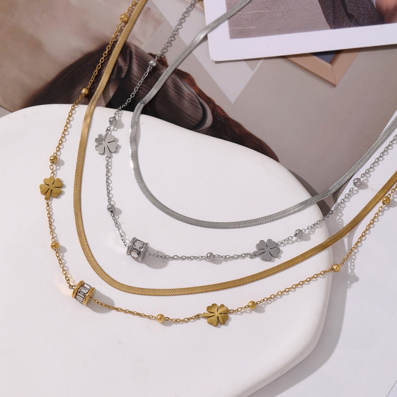 Gold Titanium Steel Double Layer Inlaid Zirconium Lucky Clover Ring Snake Bone Chain Necklace
