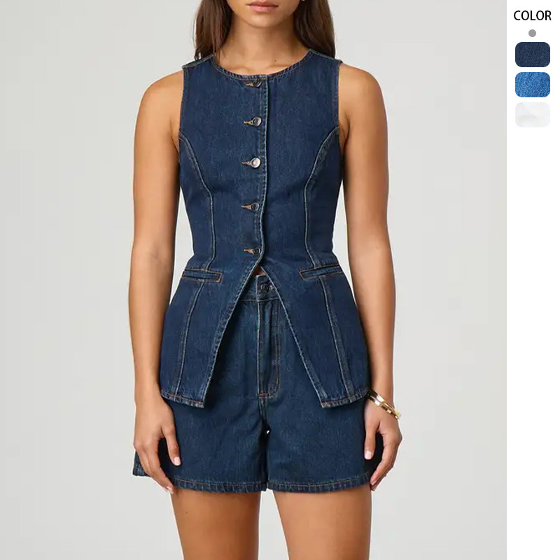 Dark Blue Sleeveless Buttoned Vest Denim Shorts Set