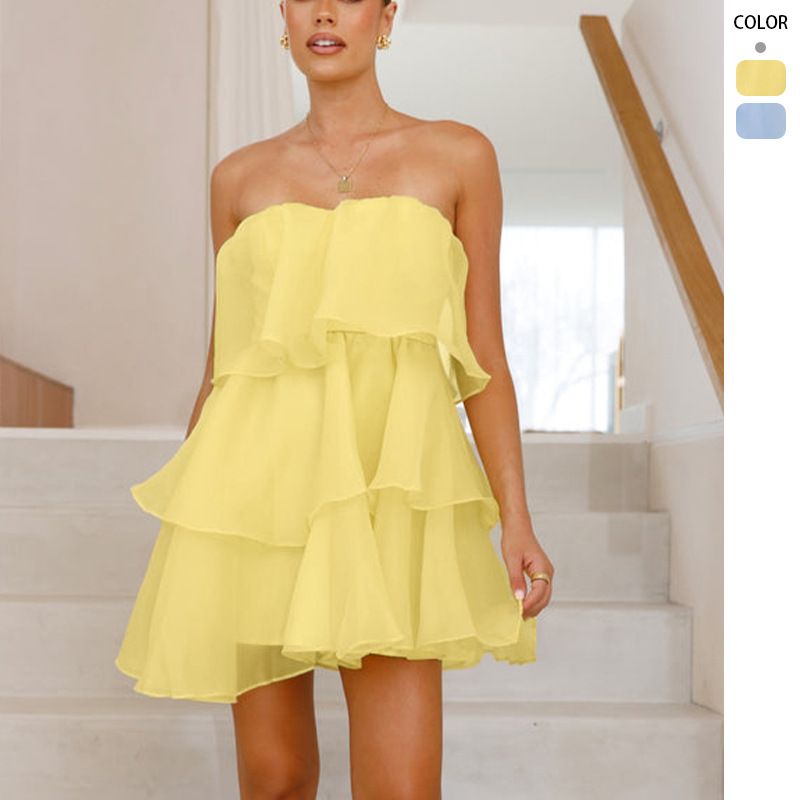Yellow Polyester Bandeau Layered Skirt