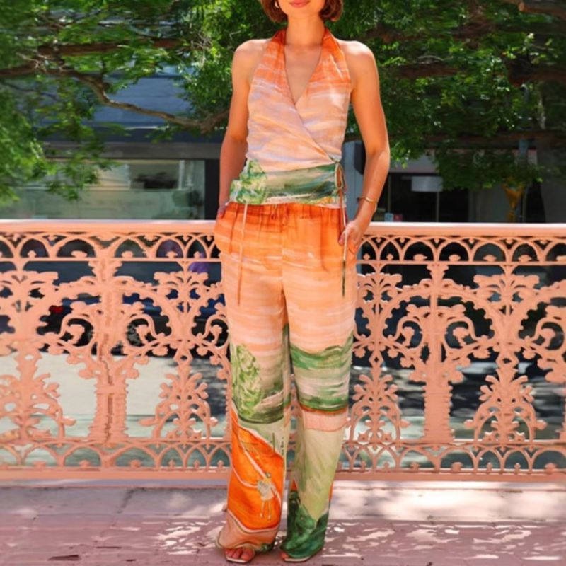 Coral Polyester Printed Halter Vest Trousers Set