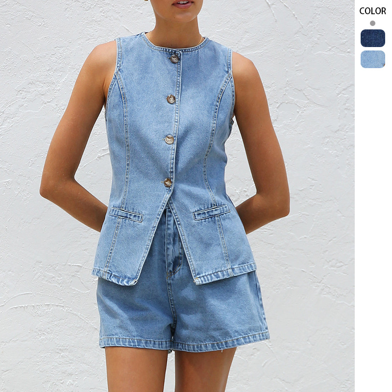 Dark Blue Top Denim Buttoned Crewneck Vest