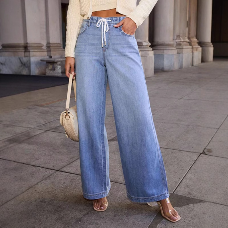 Denim Blue Denim Lace-up Straight-leg Trousers