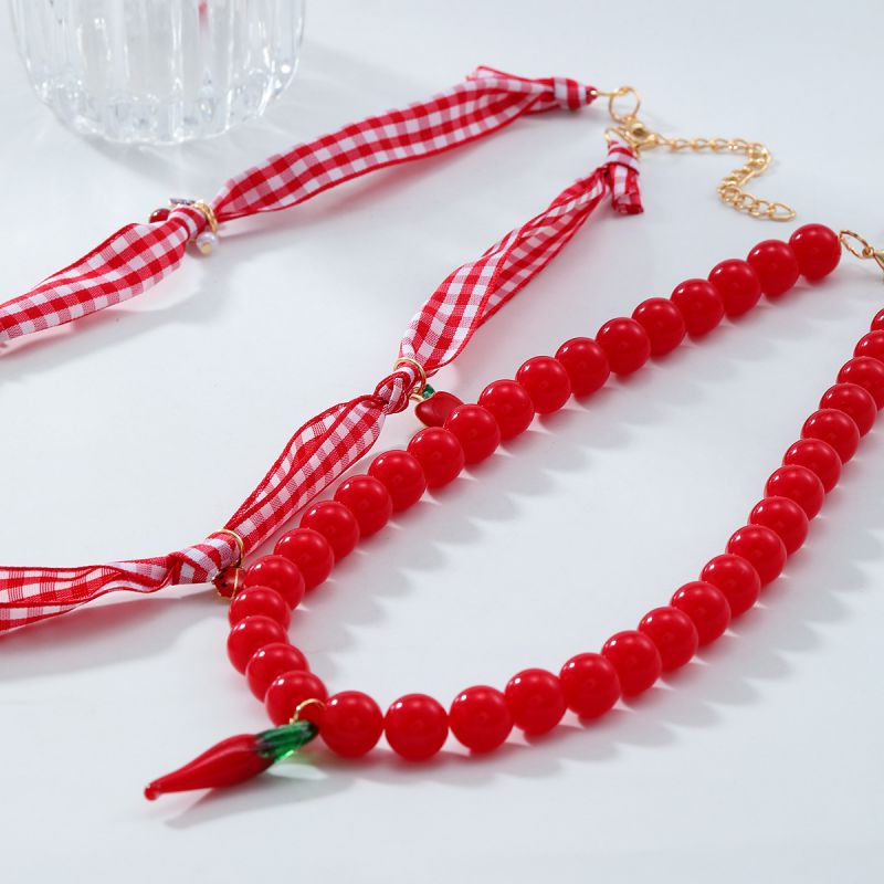 2-piece Set Crystal Beaded Chili And Radish Multi-layer Necklace