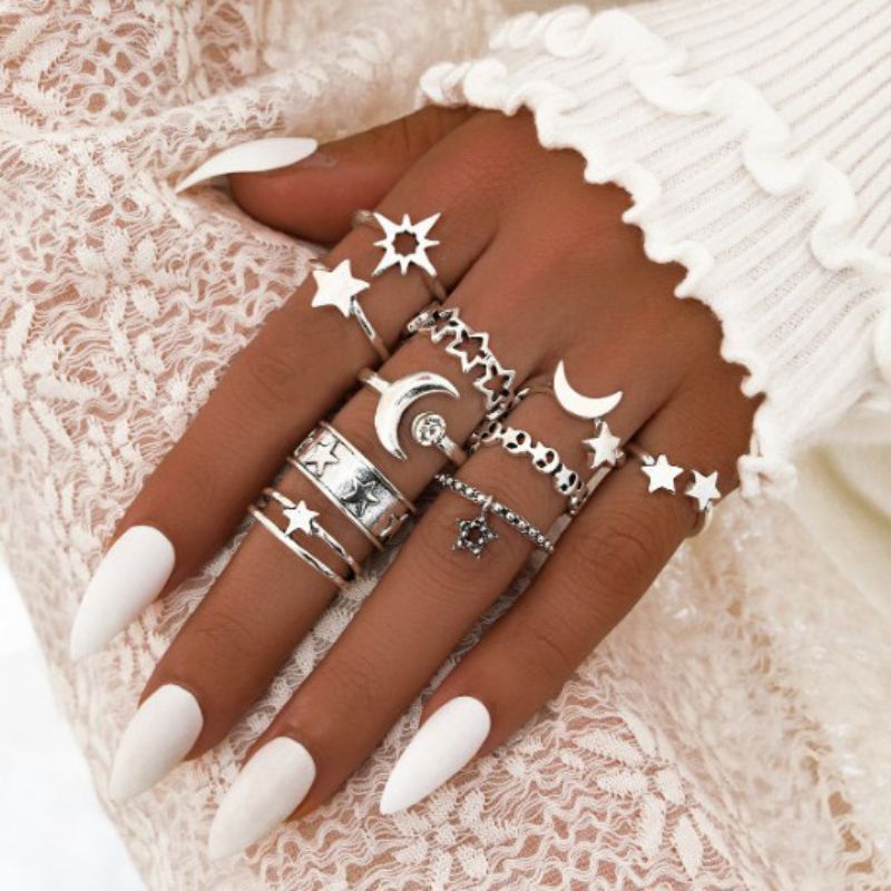 Silver Alloy Star Moon Ring Set