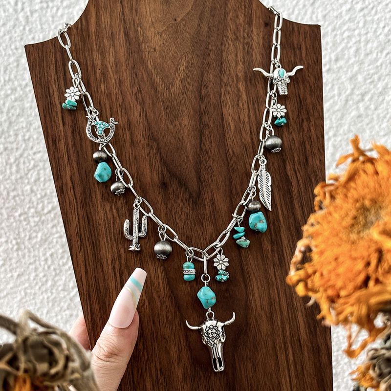 Pulsera Geométrica De Aleación Con Cabeza De Toro Y Cactus Turquesa