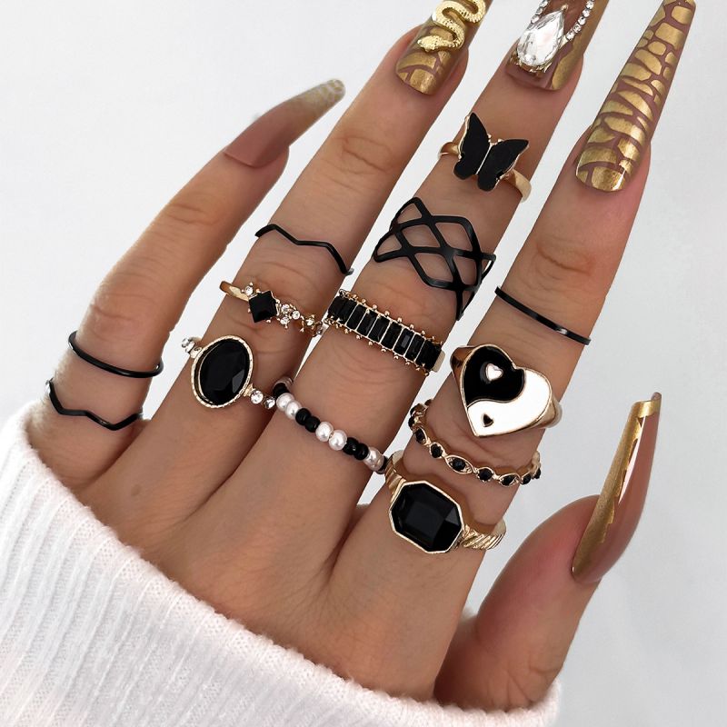 Juego De Anillos De Aleación Con Forma De Mariposa Y Gota De Aceite Bagua
