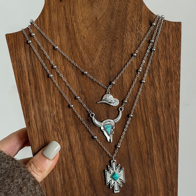 Collar Geométrico Multicapa Con Cabeza De Toro Y Estrella De Turquesa De Aleación