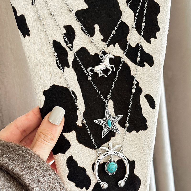 Collar Geométrico Multicapa Con Cabeza De Toro Y Estrella De Turquesa De Aleación