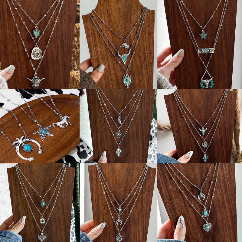 Collar Geométrico Multicapa Con Cabeza De Toro Y Estrella De Turquesa De Aleación