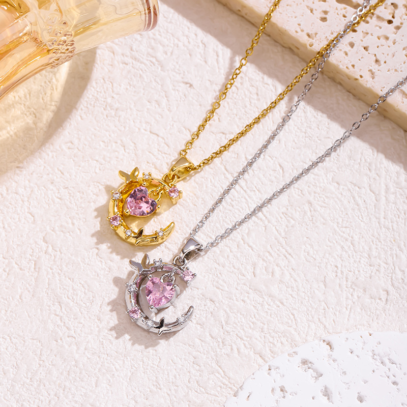 Butterfly Moon Pink Heart Necklace Silver Silver Diamond Heart Moon Necklace