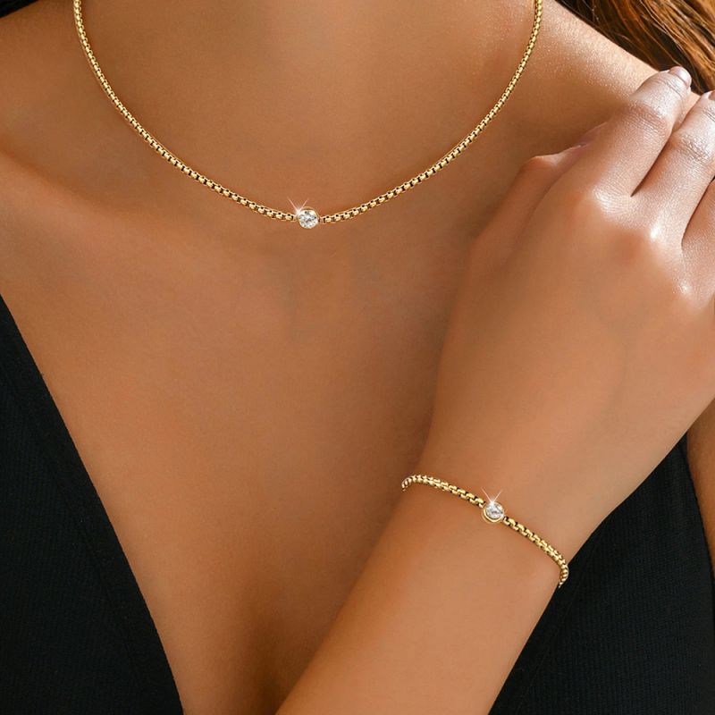 Gold Stainless Steel Round Diamond Bracelet Necklace Set Of Two