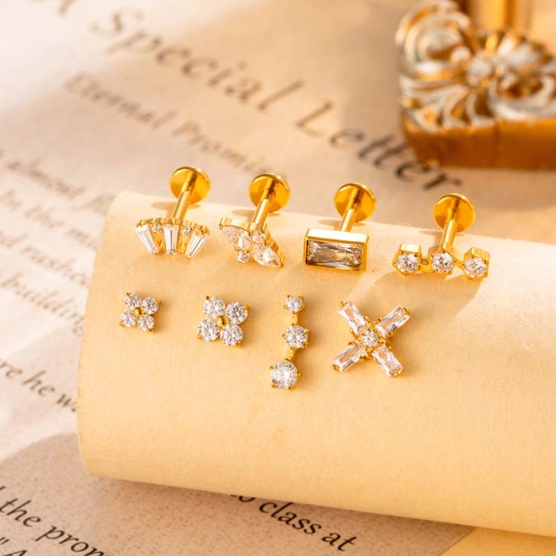 1# Gold Titanium Steel Diamond Flower Square Geometric Piercing Flat Bottom Lip Nail