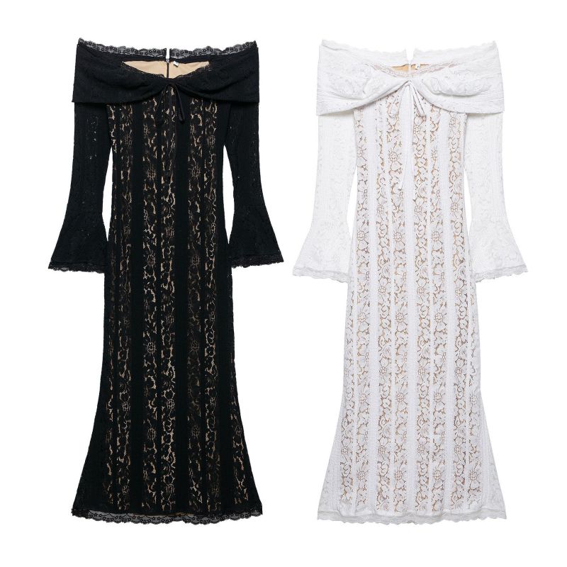 Black Lace One Shoulder Long Sleeve Dress