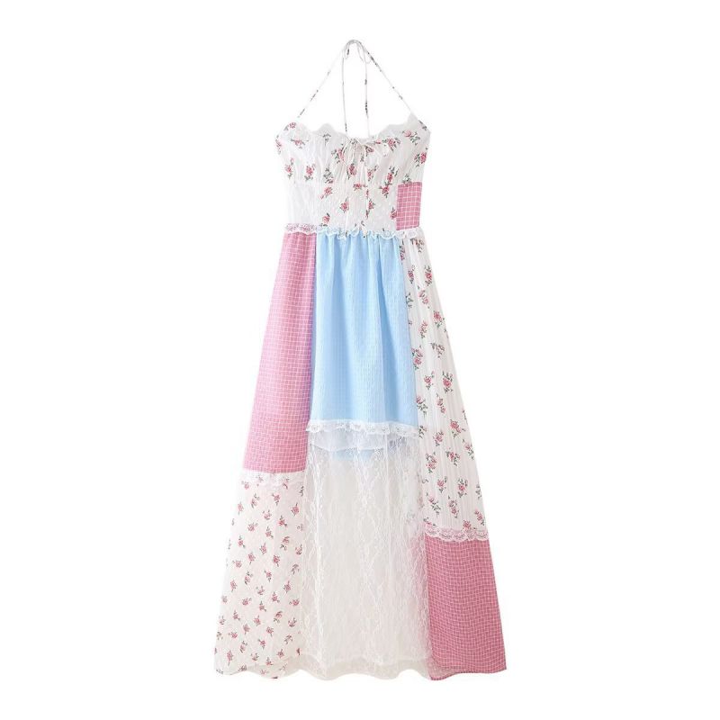 Color Floral Lace Halterneck Maxi Dress