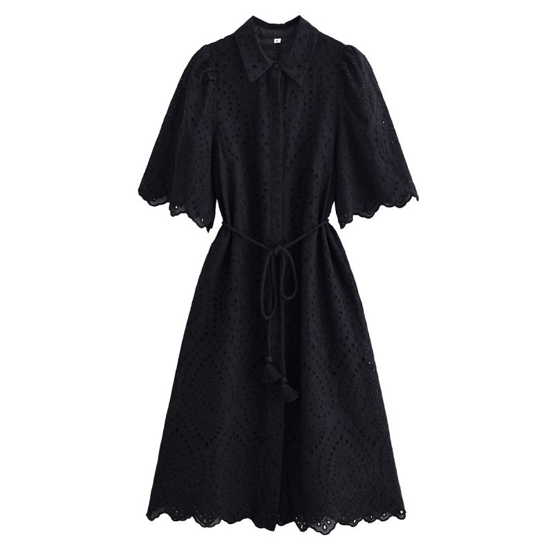 Apricot Lapel Tie Hollow Knee-length Skirt