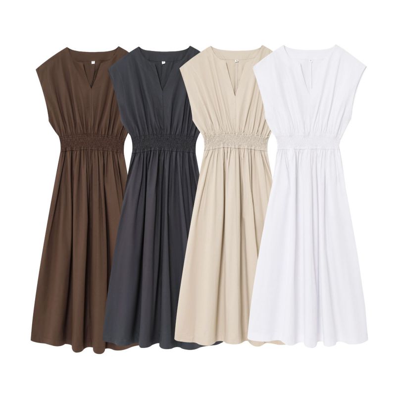 Black Cotton V-neck Sleeveless Long Dress