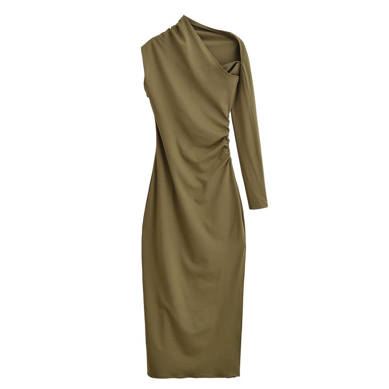 Dark Green Asymmetric Pleated Blended Maxi Skirt