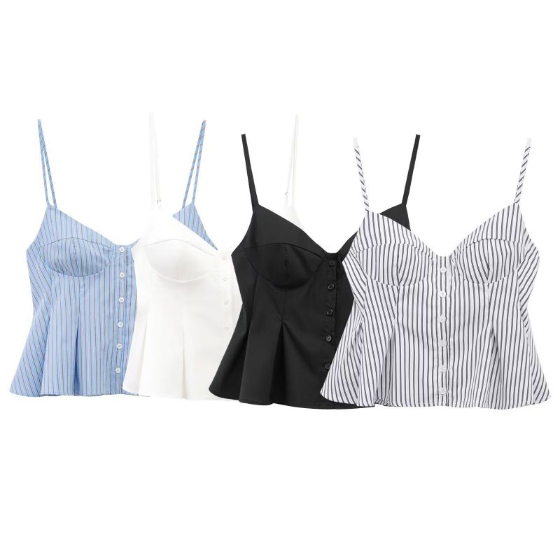 Black Polyester Pleated Button Camisole
