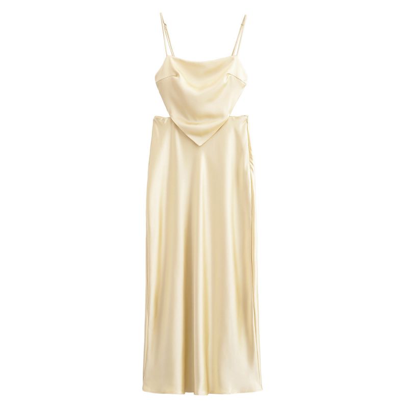 White Straight Collar Silk Halter Waist Long Dress