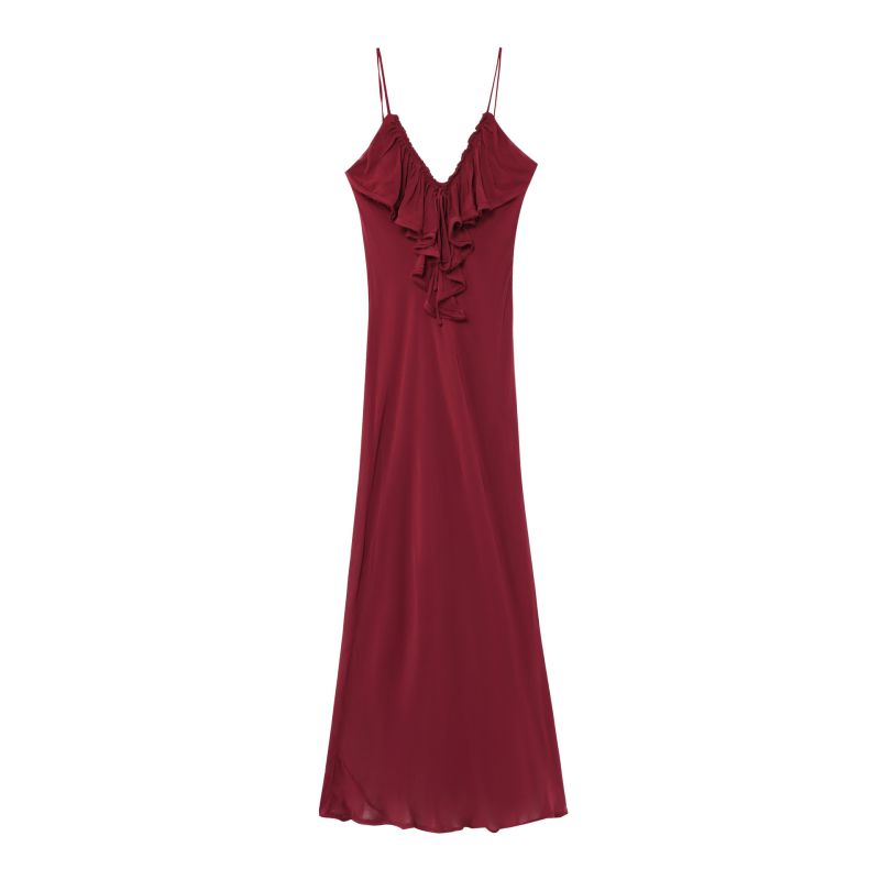 Red Chiffon Ruffled V-neck Suspender Dress
