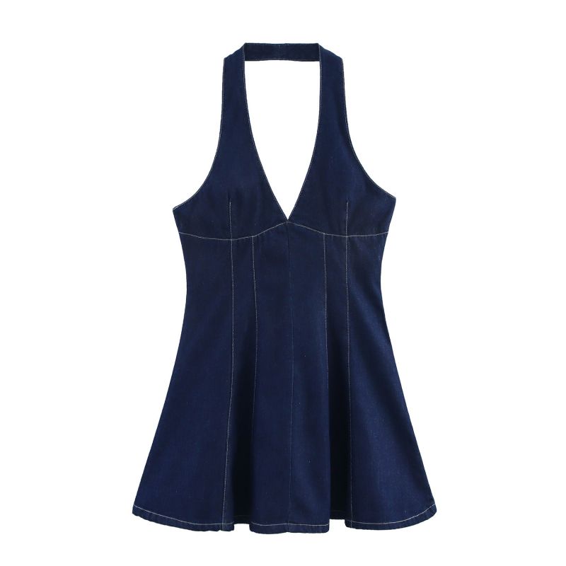 Blue Denim Halter Neck Suspender Skirt
