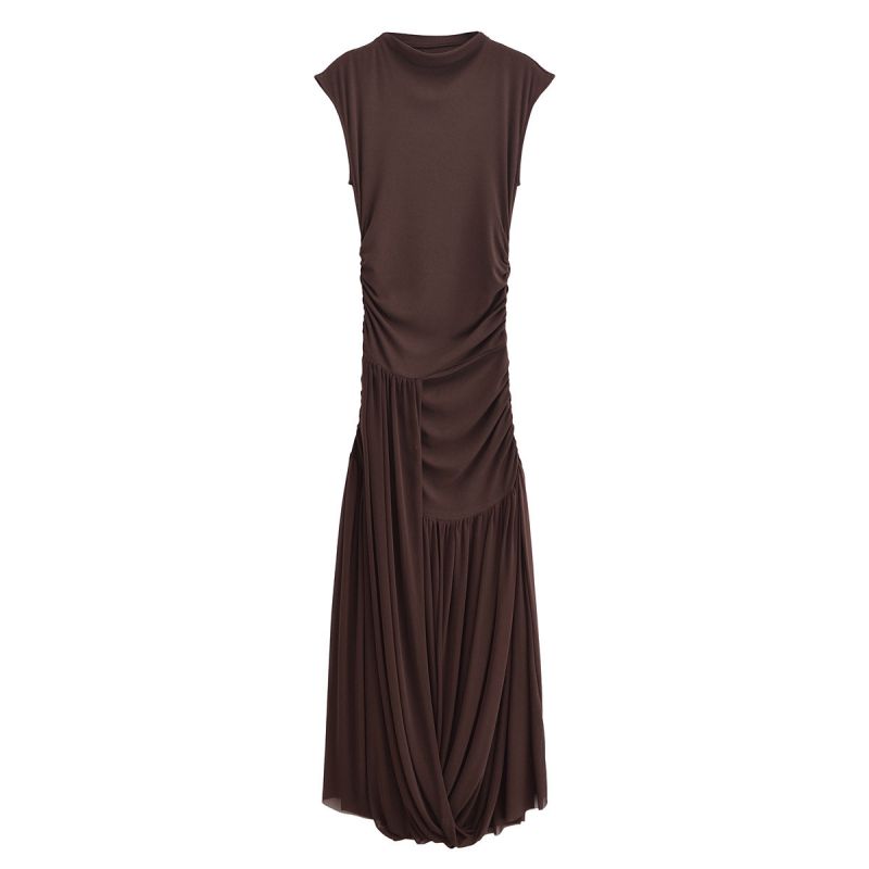 Brown Tulle Panel Sleeveless Irregular Maxi Dress