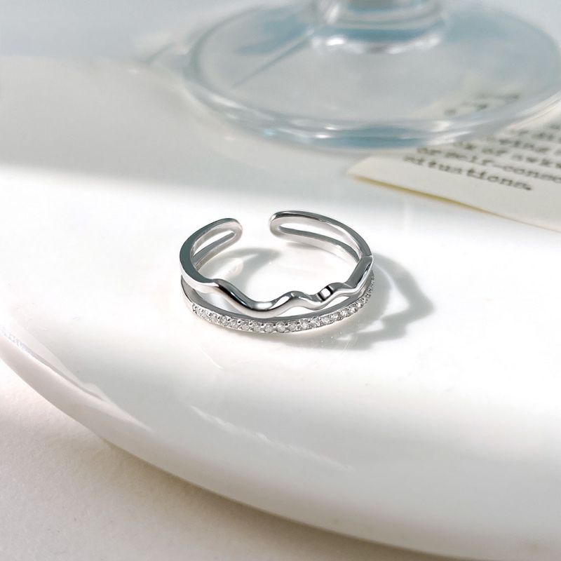 Platinum Silver And Diamond Double Wave Ring