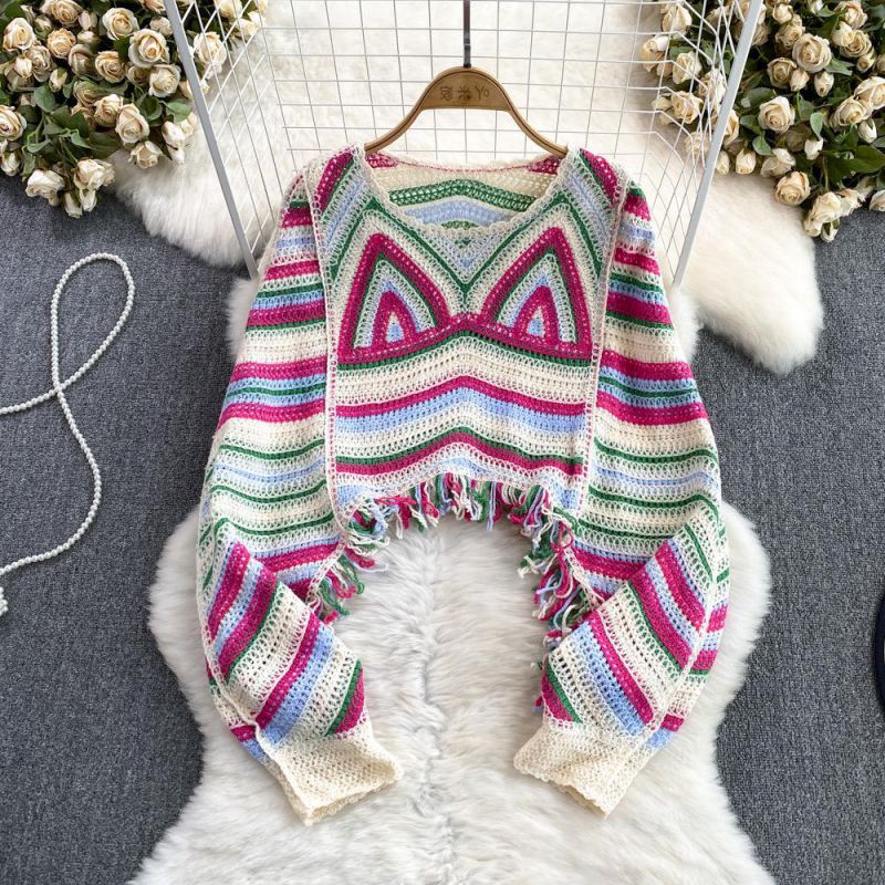 Purple Batwing Sleeve Hollow Tassel Knit Sweater Cardigan
