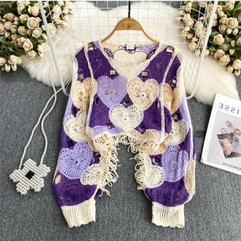 Purple Hollow Hook Flower Tassel Irregular Sweater Cardigan