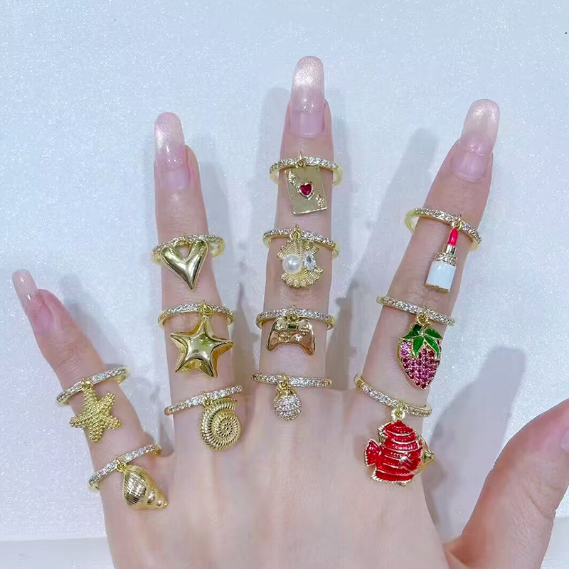 Anillo Geométrico De Plata Con Forma De Concha De Caracola Corazón Estrella De Mar Y Lápiz Labial Con Diamantes