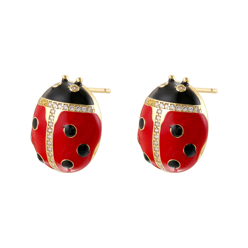 1 Pair Of Gold Black And Red Beetle Earrings Copper Oil-dripped Ladybug Earrings