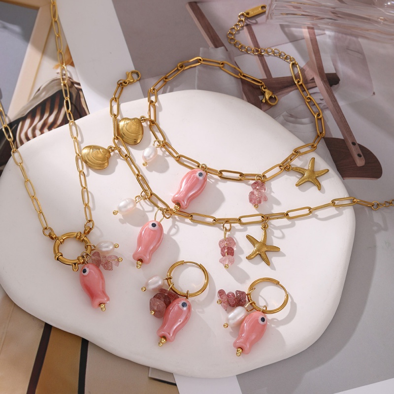 Conjunto De Collar Pendientes Y Pulsera Con Hebilla De Anillo De Acero De Titanio Y Perla De Pez De Piedra Natural