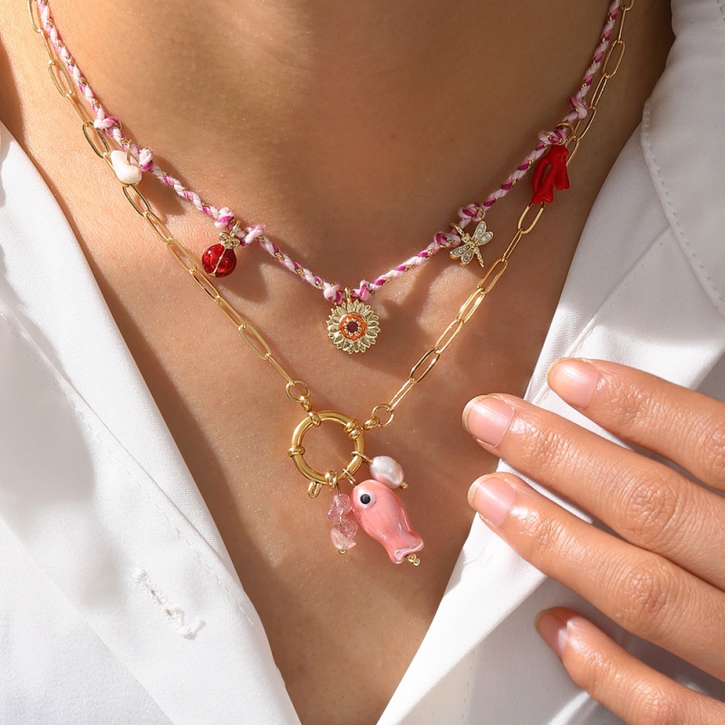Collar Trenzado Con Insectos Y Gotas De Aceite De Flores De Cobre Y Circón