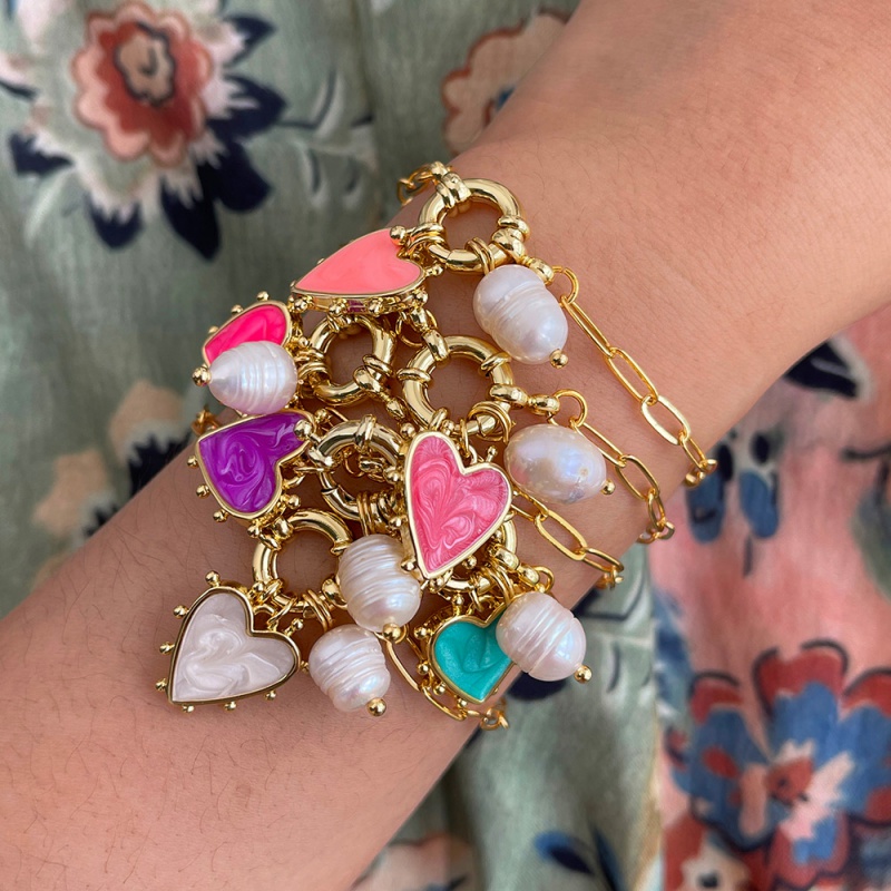 Pulsera De Perlas Con Hebilla De Anillo De Corazón Y Gota De Aceite De Cobre