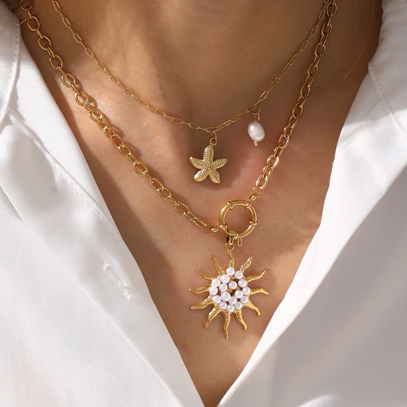 Collar Con Anillo De Sol De Perla De Acero Y Titanio