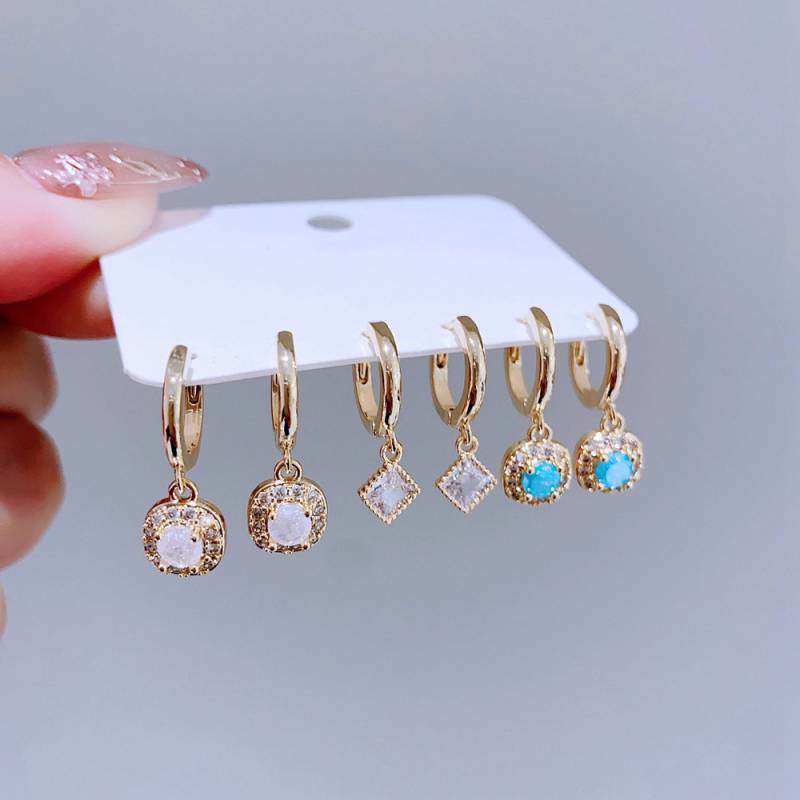 Gold Copper Inlaid Zirconium Geometric Square Earrings Set