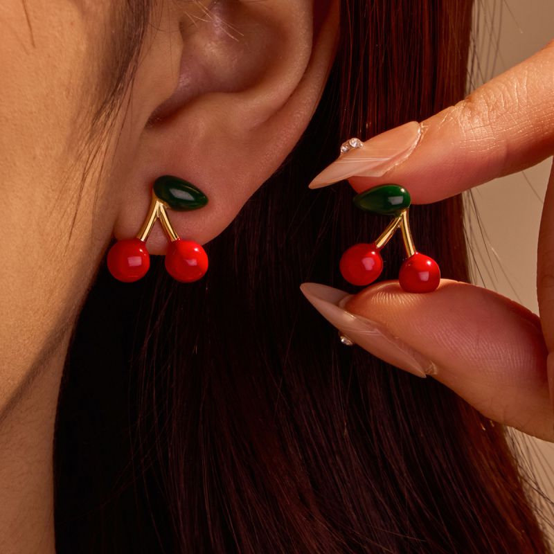 Gold Stainless Steel Cherry Earrings