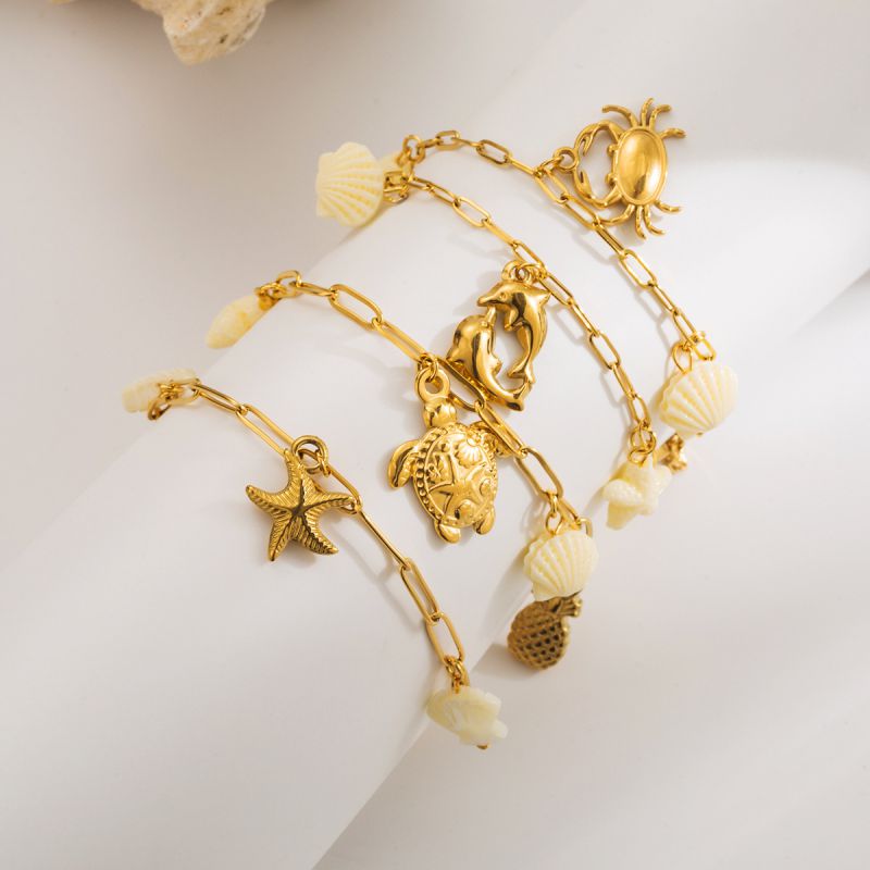 Pulsera De Acero Inoxidable Con Forma De Cangrejo Delfín Tortuga Y Estrella De Mar.