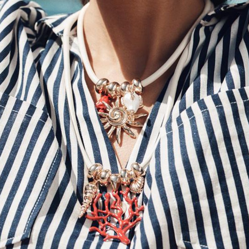 Gold Alloy Coral Branch Sun Leather Cord Double Layer Necklace