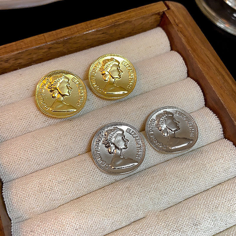 Gold Metal Round Portrait Earrings