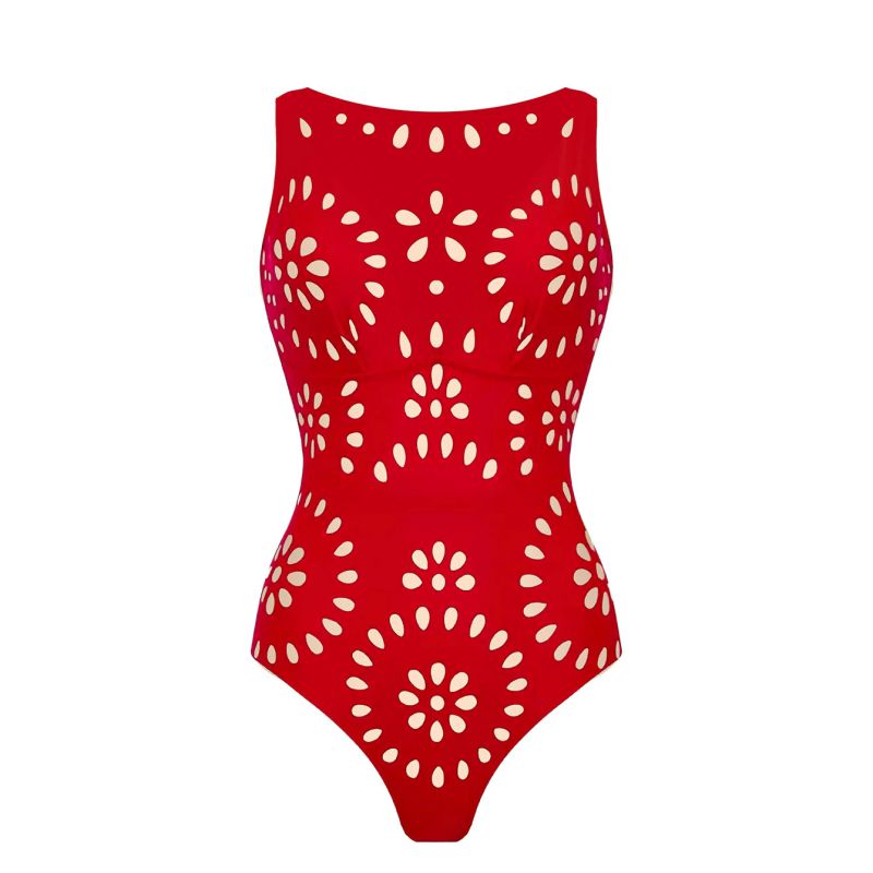 Red Polyester Round Neck Sleeveless One-piece Swimsuit