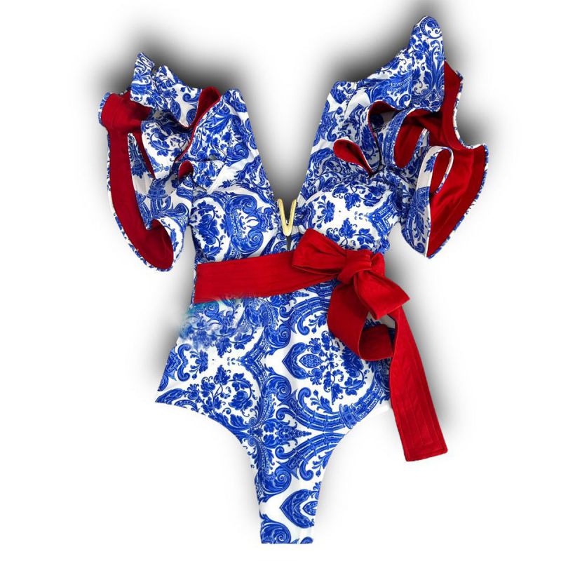Blue Polyester Printed Contrast Color One-piece Swimsuit